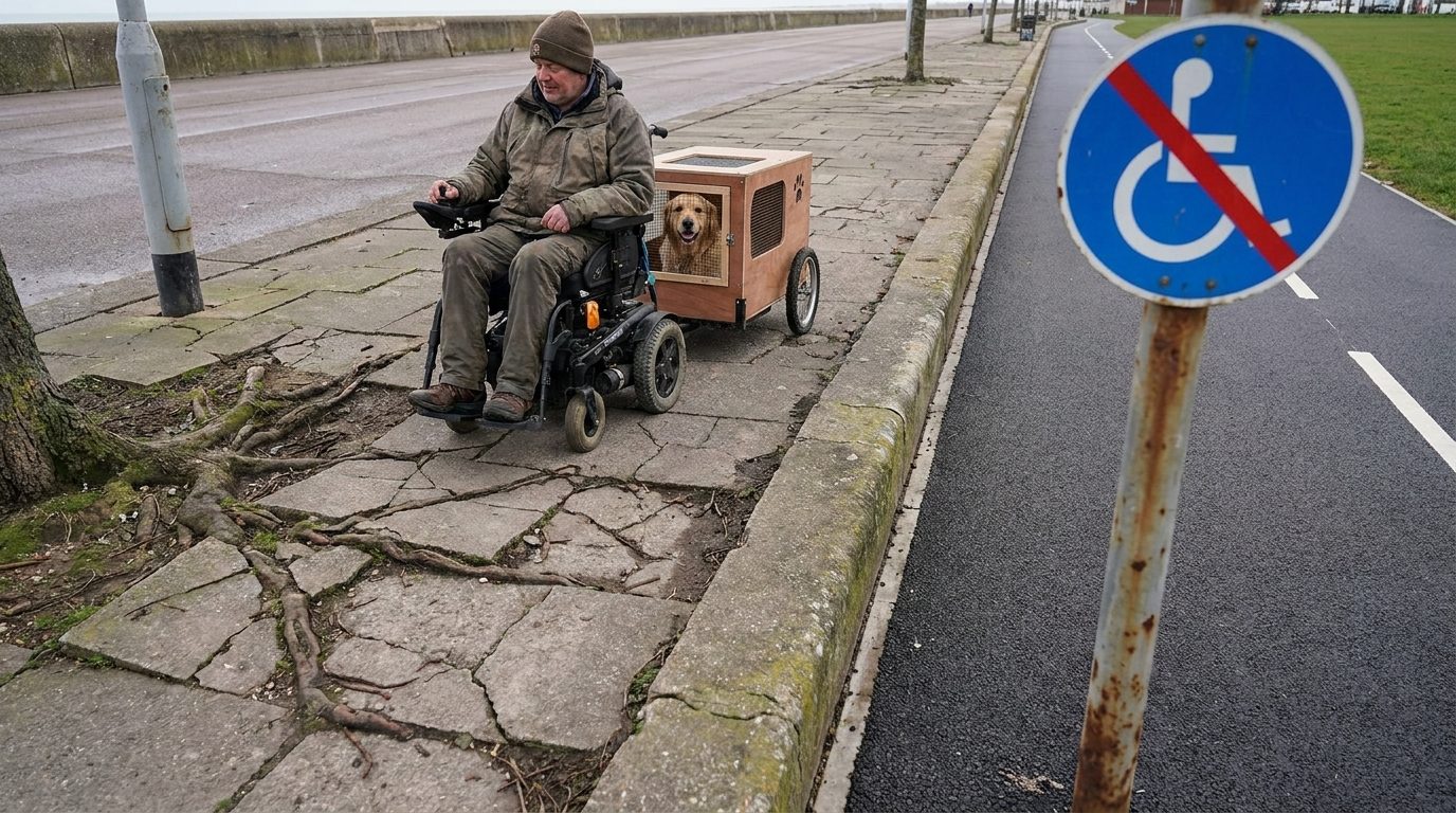 A satirical AI-generated image of a powered wheelchair user with a dog trailer on a shattered, root-buckled pavement beside a pristine cycle lane, next to a blue roundel sign showing the wheelchair symbol crossed out in red. No such sign exists.