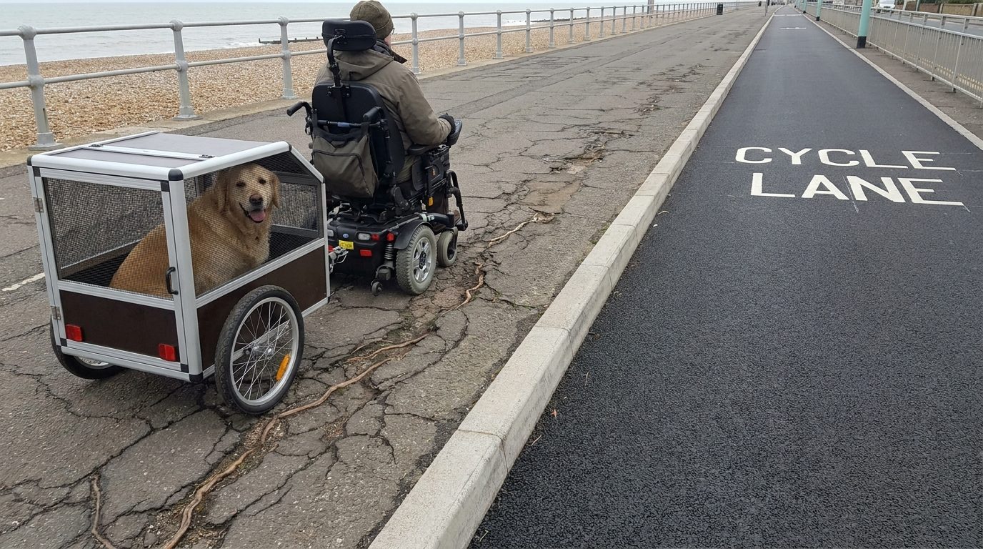 A powered wheelchair user towing a dog trailer along a cracked, root-buckled seafront pavement. Beside it, over a kerb, a freshly surfaced cycle lane marked CYCLE LANE sits smooth and completely empty. Satirical AI-generated illustration.